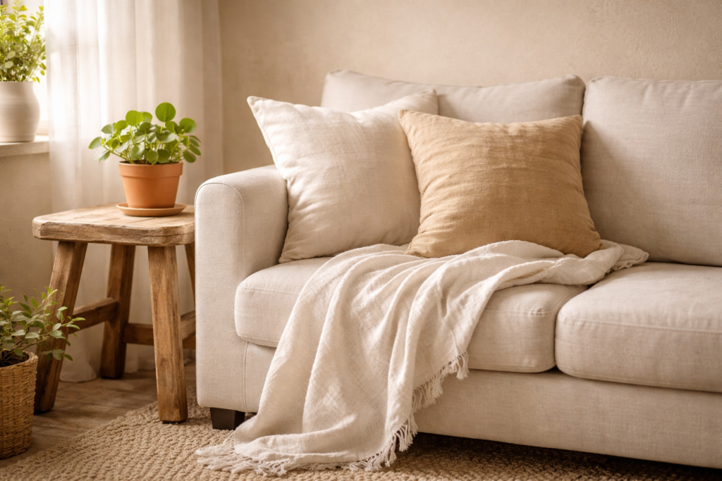 Coussins lin plaid coton home staging naturel salon chaleureux