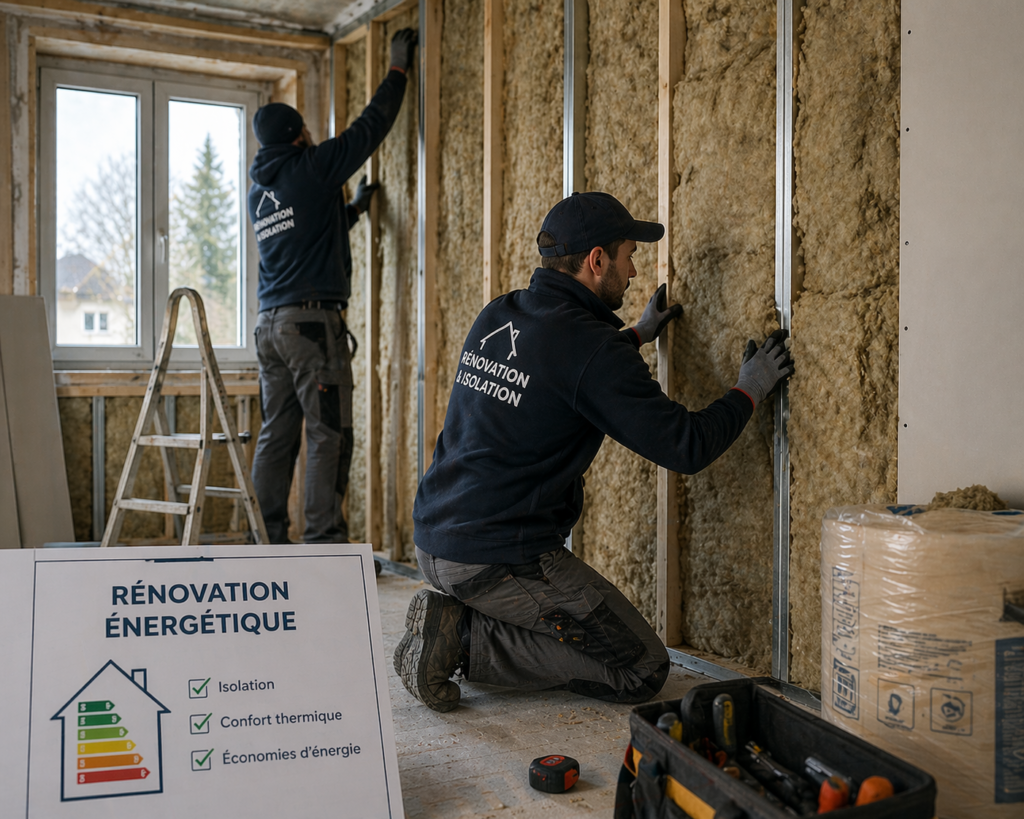 Artisans en train d'installer l'isolation dans une maison du Pays Drouais